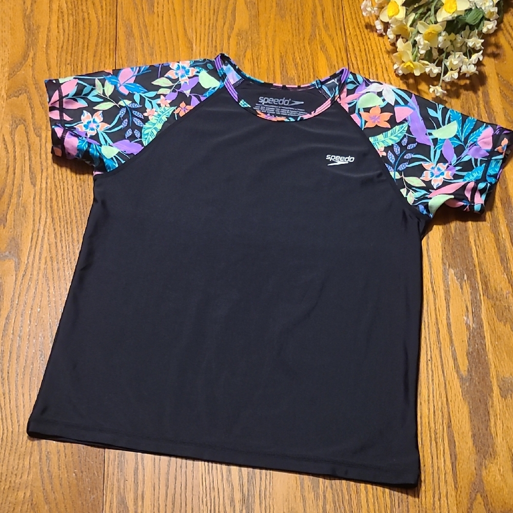 Speedo Kids' Black Floral Raglan Shirt - Girl's XL